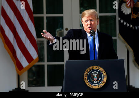 Washington DC, USA. 15th Feb, 2019. United States President Donald J. Trump makes remarks as he declares a National Emergency over the southern border and the need for border security during an appearance in the Rose Garden of the White House in Washington, DC on Friday, February 15, 2019. Credit: Martin H. Simon/CNP | usage worldwide Credit: dpa/Alamy Live News Stock Photo