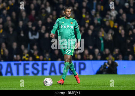 London, UK. 15th Feb, 2019. Christian Kabasele of Watford during the The FA Cup 5th Round match between Queens Park Rangers and Watford at the Loftus Road Stadium, London, England on 15 February 2019. Photo by Adamo Di Loreto. Editorial use only, license required for commercial use. No use in betting, games or a single club/league/player publications. Credit: UK Sports Pics Ltd/Alamy Live News Stock Photo