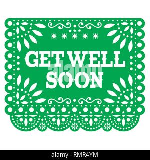 Get well soon Papel Picado greeting card or postcard - Mexican green vector design styled as paper cutout decorations Stock Vector