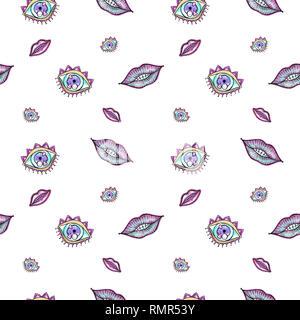 watercolor set of fancy items eyes lips Seamless pattern Stock Photo