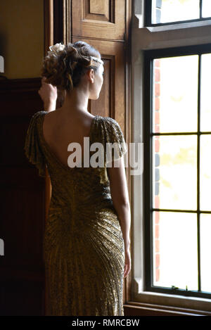 Full Length Portrait Brunette Girl Wearing Long Silver Ball Gown Stock  Photo by ©faestock 226785246