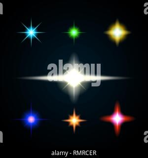 Realistic lights set. Collection of bright lens flares. Vector illustration. Stock Vector