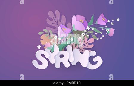 Paper cut 3d spring flowers banner in purple and violet colors with big letters. Decorative element for holiday design. Vector illustration paper cut Stock Vector