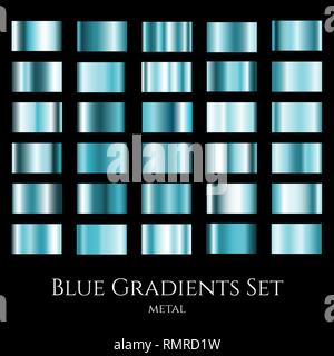 Vector set of blue metal gradients. Collection of gradation swatches Stock Vector