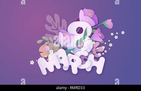 Happy womens day 8 March card. Flowers banner in purple colors with big letters. Vector illustration 3d paper cut style. Stock Vector