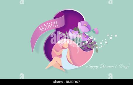 Happy womens day 8 March card. Girl sitting inside hole shaped as eights. Vector illustration 3d paper cut style. Stock Vector