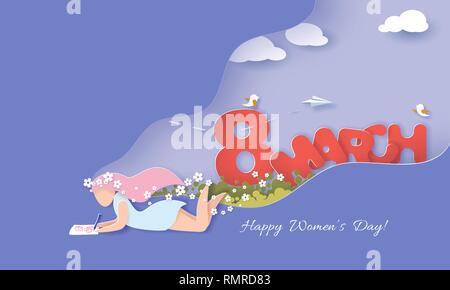 Happy Women Day holiday illustration. Paper cut girl lying cutout blue sky for spring landscape.Vector illustration. Stock Vector