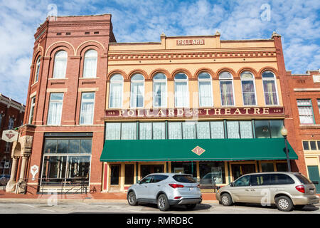 Guthrie, Oklahoma, United States of America - January 19, 2017. Exterior view of Pollard Theatre Building in Guthrie, OK, with commercial properties a Stock Photo