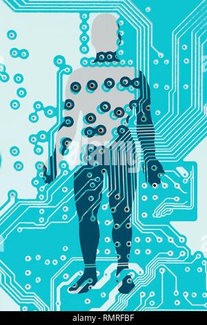 Man with computer circuit board, illustration Stock Photo