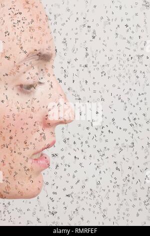 Female face with jumbled letters, conceptual image. Stock Photo