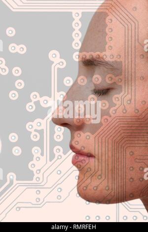 Female face in profile with computer circuit board. Composite image. Stock Photo