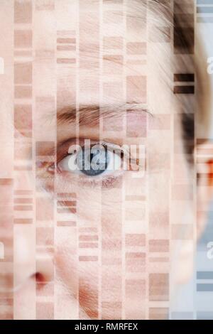 Conceptual composite image of a woman's face with DNA (deoxyribonucleic acid). Stock Photo