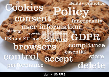 Cookie Policy. An illustrational photo of Cookie (or Cookies) Policy as displayed on websites using cookies for tracking browser usage of its pages. Stock Photo