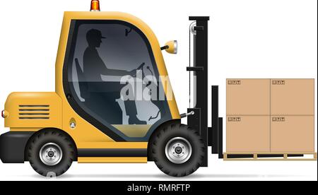 Realistic forklift with carton boxes on white background. Warehouse worker driving a lift truck, side view Stock Vector
