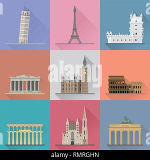 European Landmarks Flat Design Long Shadow Vector Illustration. Travel Concept. Stock Vector