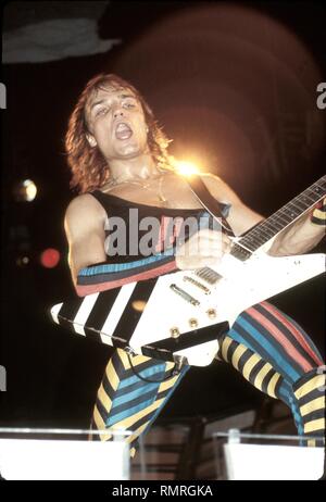 Singer, songwriter and guitarist Matthias Jabs of the heavy metal band The Scorpions is shown performing on stage at Rock in Rio I back in 1985. Stock Photo