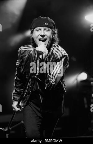 Singer Klause Meine of the heavy metal band The Scorpions is shown performing on stage during a 'live' concert appearance. Stock Photo