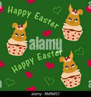 cute easter pattern with easter bunny in cupcake. Kawaii style, eps 10 Stock Vector