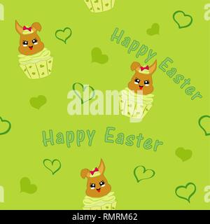 seamless pattern with easter bunny in cupcake. Kawaii style, eps 10 Stock Vector
