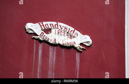 Handyside makers sign on a bridge over the Rochdale Canal in Ancoats Stock Photo