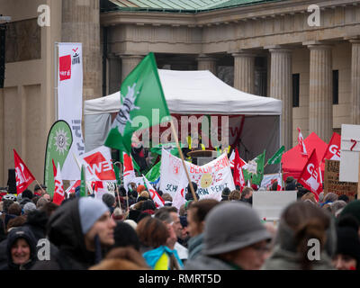 BERLIN, GERMANY - FEBRUARY 13, 2019: Demonstration of German Trade Unions Verdi, GEW, GdP At Brandenburger Tor In Berlin, Germany Stock Photo