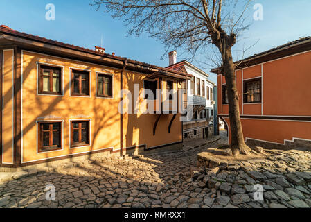 Old buildings and street from the period of Bulgarian Revival in old town of Plovdiv, Bulgaria, European capital of culture 2019 Stock Photo