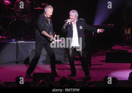 Musicians Russell Hitchcock and Graham Russell of Air Supply are shown performing 'live' in concert. Stock Photo