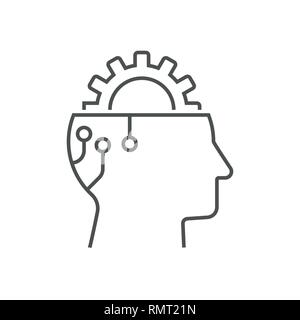 Gear in head, icon vector, AI concept, head of cyborg, solid illustration, pictogram isolated on white. Editable Stroke. EPS 10 Stock Vector