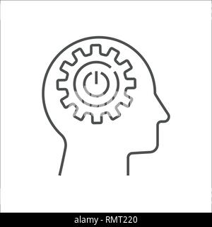 Human head with cogwheels inside linear icon. Artificial intelligence. Technology progress. Thin line illustration. Robot. Contour symbol. Vector isol Stock Vector