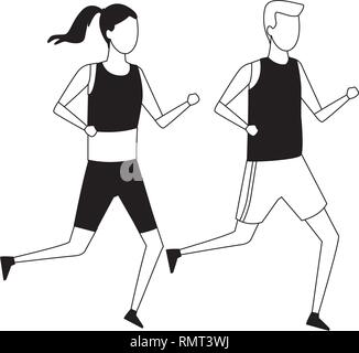 faceless couple sports running black and white Stock Vector