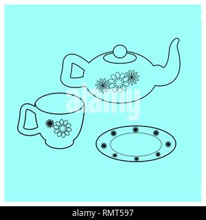 Utensils for tea. Outline vector illustration Teapot, cup and saucer with floral ornament. linear icon isolated on a blue background Stock Vector