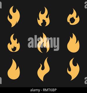 Fire flame logo icon set on black Stock Vector