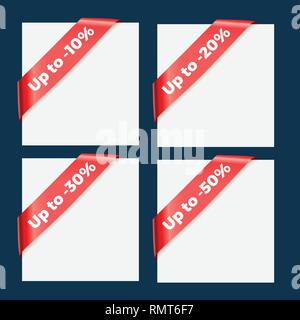 Sale discount percents red corner ribbons. Vector design elements set Stock Vector