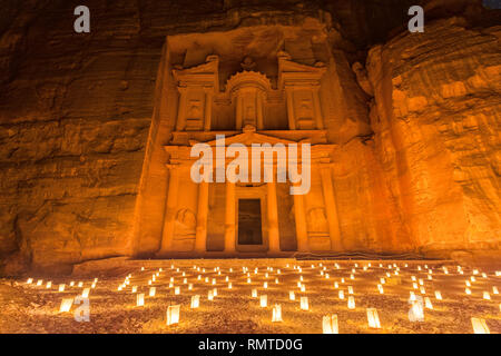 The Treasury in Petra lit by candlelight at night Stock Photo