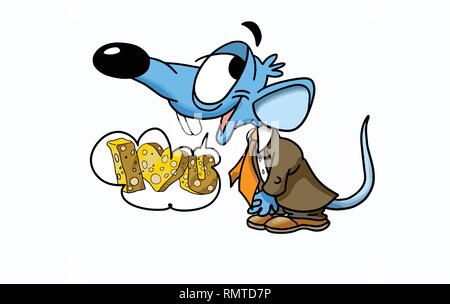 Cartoon mouse showing his love with letters made up of cheese in a speech bubble Stock Vector