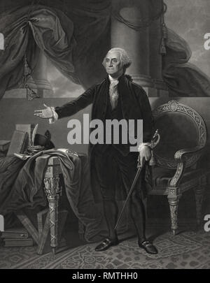George Washington (1732-99), First President of the United States, Full-Length Portrait, Engraving by Henry S. Sadd from a Painting by Gilbert Stuart, Printed by John Neale, 1844 Stock Photo