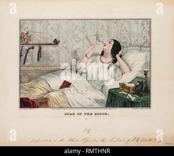 Star of the South, Reclining Portrait of Young Southern Woman Smoking while Reading Letters in Bed, Lithograph, Nathaniel Currier, 1847 Stock Photo