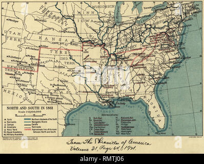 Map during American Civil War, North and South in 1861, The Chronicles of America, 1921, Stock Photo