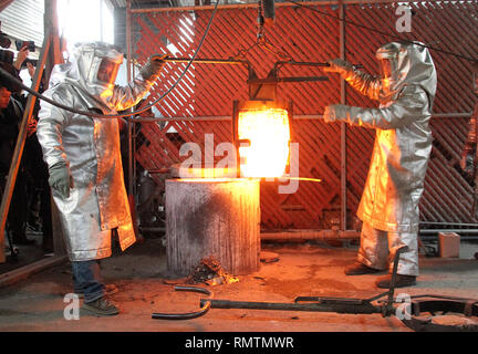 25th Annual Screen Actors Guild Awards - Pouring Of Actor® Statuette 2019 held at the American Fine Arts Foundry in Burbank, California.  Featuring: Workers prepare to pour molten bronze into molds during the production process of casting the bronze statuette. Where: Los Angeles, California, United States When: 15 Jan 2019 Credit: Adriana M. Barraza/WENN.com Stock Photo