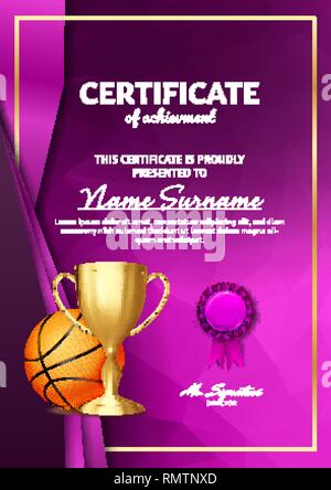 Basketball Certificate Diploma With Golden Cup Vector. Sport Award ...