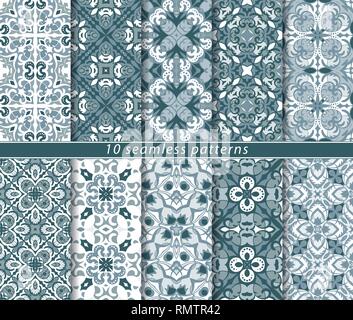 Vector set of ten delicate blue and white seamless patterns. Classic ornaments in Oriental style. Vector illustration. Stock Vector