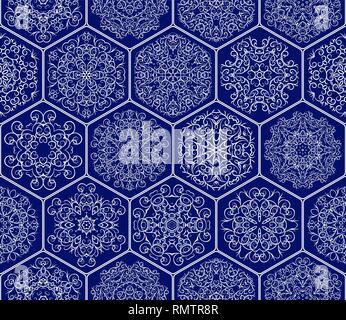 Seamless pattern of hexagonal mosaics. Set of decorative snowflakes. Decorative white ornaments on a dark blue background. Vector illustration. Stock Vector