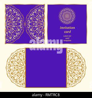 Wedding invitation or greeting card with classical ornament. Picture suitable for laser cutting or printing. Gold pattern on a blue background. Vector Stock Vector