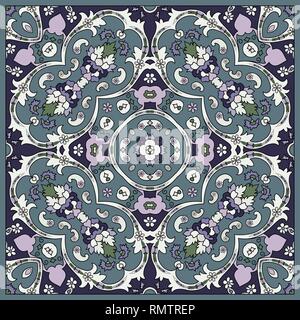 Blue handkerchief with floral ornaments. Textile pattern, vector illustration. Stock Vector