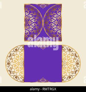 Wedding invitation or greeting card with classical ornament. Picture suitable for laser cutting or printing. Gold pattern on a blue background. Vector Stock Vector
