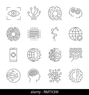 Artificial Intelligence. Vector icon set for artificial intelligence AI concept. Various symbols for the topic using flat design. Editable stroke. Stock Vector