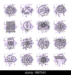 Icon set for artificial intelligence ai concept various symbols for the topic using flat design. Editable Stroke. Stock Vector