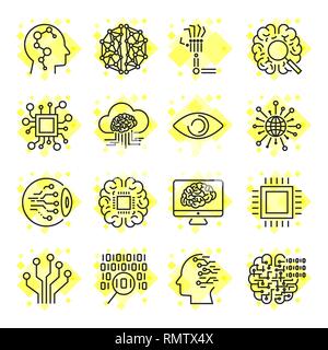 Artificial Intelligence Vector Icons. Icons for sites, apps, programs AI, chip, brain, processor and other. Editable Stroke. Stock Vector