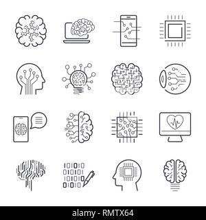 Artificial intelligence AI line icons. Robot intellect and cyborg chip mind signs. Innovation technology manufacturing and programming. Vector Stock Vector