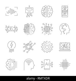Future technologies icons. AI, quantum computing, robot, IoT, smart CPU and other. Editable Stroke. Stock Vector